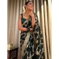 Generic Women's Silk Printed Saree With Unstitched Blouse 5.5Mtr (Dark Green) - Dark Green