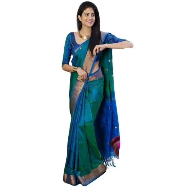 Generic Women's Silk Printed Saree With Unstitched Blouse 5.5Mtr (Blue) - Blue