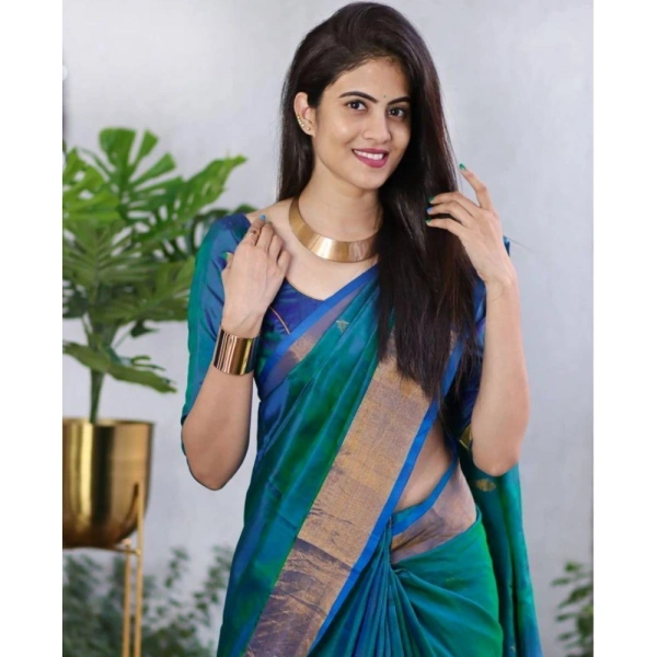 Generic Women's Silk Printed Saree With Unstitched Blouse 5.5Mtr (Blue) - Blue
