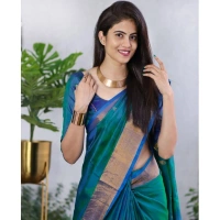 Generic Women's Silk Printed Saree With Unstitched Blouse 5.5Mtr (Blue) - Blue