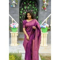 Generic Women's Silk Printed Saree With Unstitched Blouse 5.5Mtr (Purple) - Purple