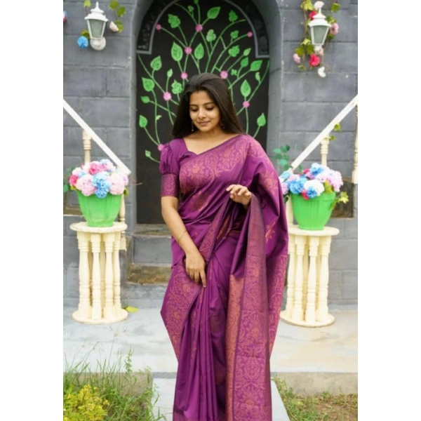 Generic Women's Silk Printed Saree With Unstitched Blouse 5.5Mtr (Purple) - Purple