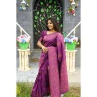 Generic Women's Silk Printed Saree With Unstitched Blouse 5.5Mtr (Purple) - Purple