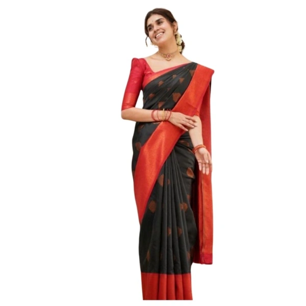 Generic Women's Silk Printed Saree With Unstitched Blouse 5.5Mtr (Black) - Black
