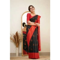 Generic Women's Silk Printed Saree With Unstitched Blouse 5.5Mtr (Black) - Black