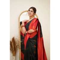 Generic Women's Silk Printed Saree With Unstitched Blouse 5.5Mtr (Black) - Black