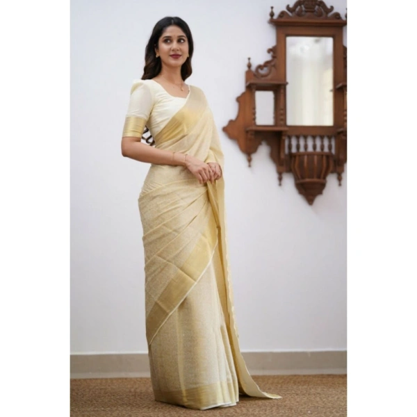 Generic Women's Silk Printed Saree With Unstitched Blouse 5.5Mtr (Cream) - Cream