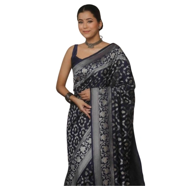Generic Women's Silk Printed Saree With Unstitched Blouse 5.5Mtr (Navy Blue) - Navy Blue