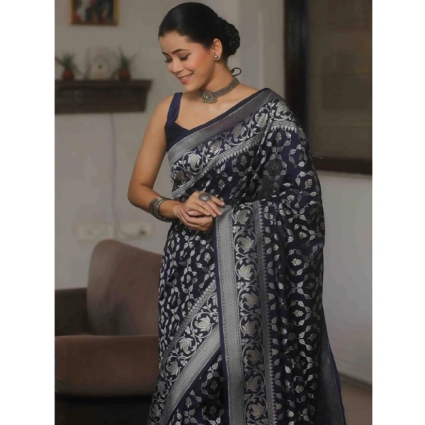 Generic Women's Silk Printed Saree With Unstitched Blouse 5.5Mtr (Navy Blue) - Navy Blue