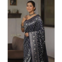 Generic Women's Silk Printed Saree With Unstitched Blouse 5.5Mtr (Navy Blue) - Navy Blue
