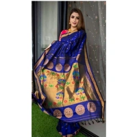 Generic Women's Silk Printed Saree With Unstitched Blouse 5.5Mtr (Blue) - Blue