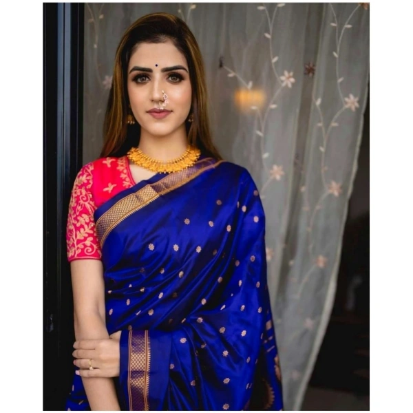 Generic Women's Silk Printed Saree With Unstitched Blouse 5.5Mtr (Blue) - Blue