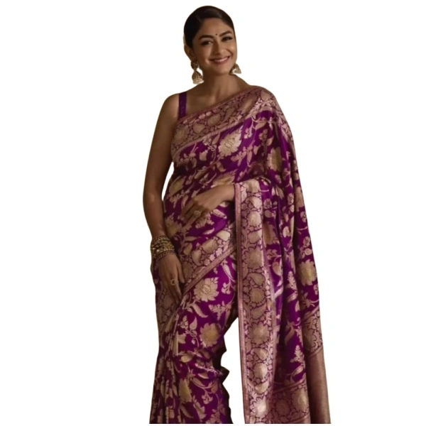 Generic Women's Silk Printed Saree With Unstitched Blouse 5.5Mtr (Purple) - Purple