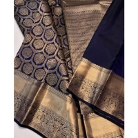 Generic Women's Silk Printed Saree With Unstitched Blouse 5.5Mtr (Navy Blue) - Navy Blue