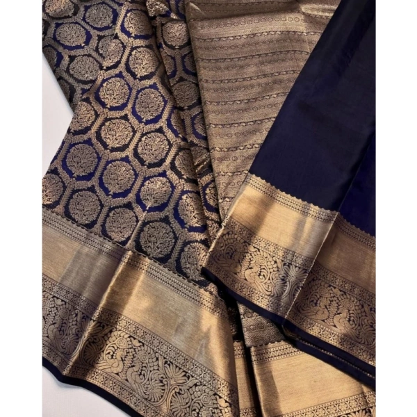 Generic Women's Silk Printed Saree With Unstitched Blouse 5.5Mtr (Navy Blue) - Navy Blue