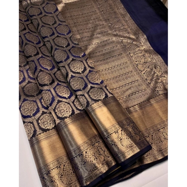 Generic Women's Silk Printed Saree With Unstitched Blouse 5.5Mtr (Navy Blue) - Navy Blue