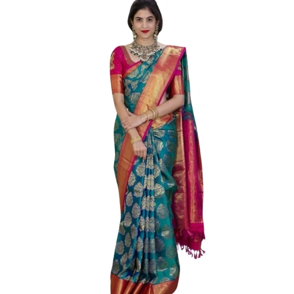 Generic Women's Silk Printed Saree With Unstitched Blouse 5.5Mtr (Teal Blue) - Teal Blue