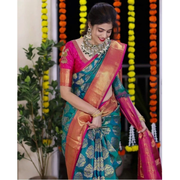 Generic Women's Silk Printed Saree With Unstitched Blouse 5.5Mtr (Teal Blue) - Teal Blue