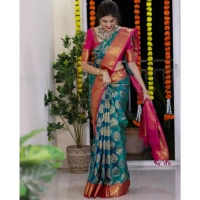 Generic Women's Silk Printed Saree With Unstitched Blouse 5.5Mtr (Teal Blue) - Teal Blue