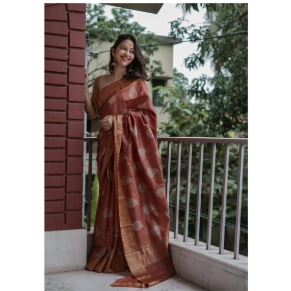 Generic Women's Silk Printed Saree With Unstitched Blouse 5.5Mtr (Maroon) - Maroon