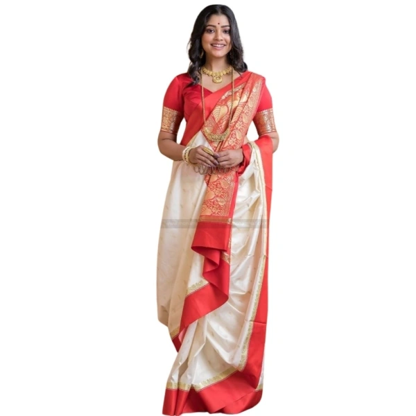 Generic Women's Silk Printed Saree With Unstitched Blouse 5.5Mtr (White-Red) - White-Red