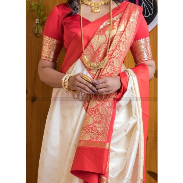 Generic Women's Silk Printed Saree With Unstitched Blouse 5.5Mtr (White-Red) - White-Red