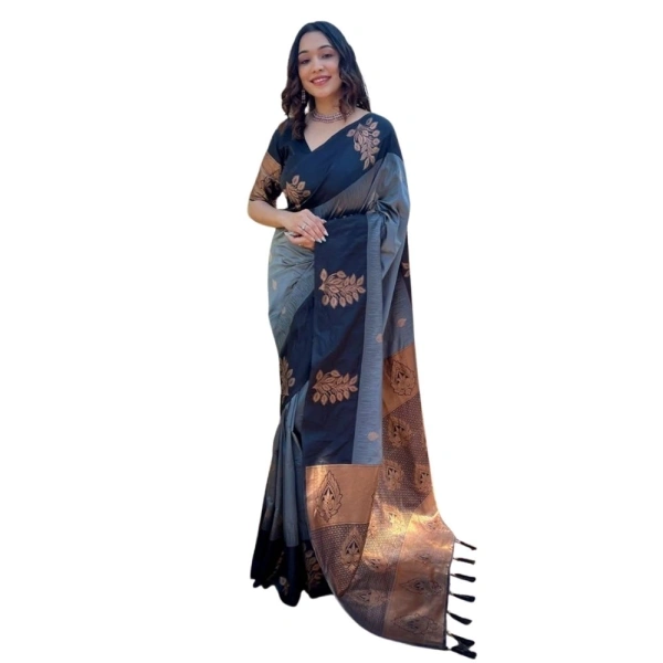 Generic Women's Silk Printed Saree With Unstitched Blouse 5.5Mtr (Grey) - Grey