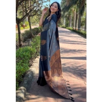 Generic Women's Silk Printed Saree With Unstitched Blouse 5.5Mtr (Grey) - Grey
