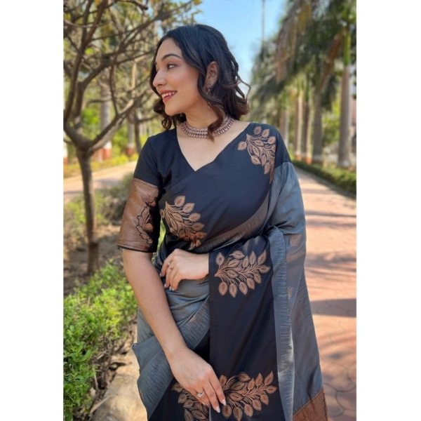 Generic Women's Silk Printed Saree With Unstitched Blouse 5.5Mtr (Grey) - Grey