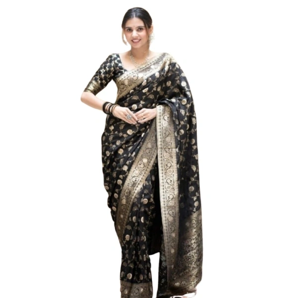 Generic Women's Silk Printed Saree With Unstitched Blouse 5.5Mtr (Black) - Black