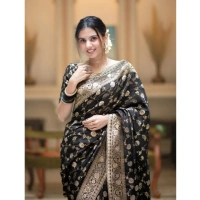 Generic Women's Silk Printed Saree With Unstitched Blouse 5.5Mtr (Black) - Black