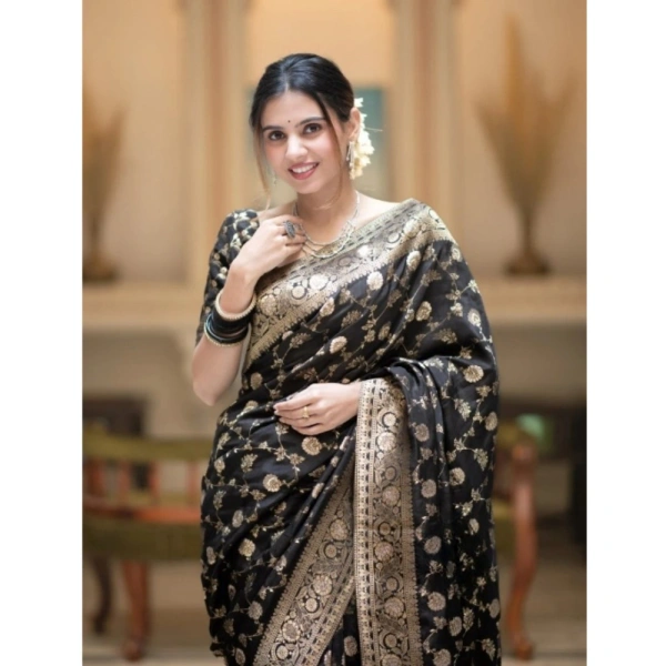 Generic Women's Silk Printed Saree With Unstitched Blouse 5.5Mtr (Black) - Black