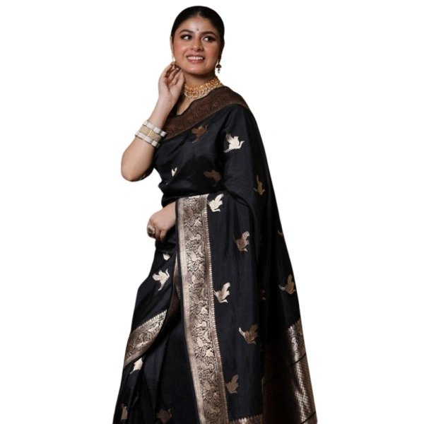 Generic Women's Silk Printed Saree With Unstitched Blouse 5.5Mtr (Black) - Black