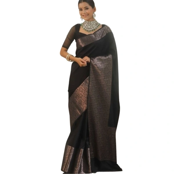 Generic Women's Silk Printed Saree With Unstitched Blouse 5.5Mtr (Black) - Black