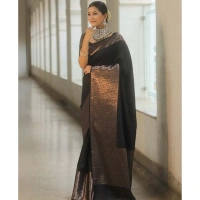 Generic Women's Silk Printed Saree With Unstitched Blouse 5.5Mtr (Black) - Black