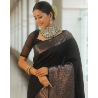 Generic Women's Silk Printed Saree With Unstitched Blouse 5.5Mtr (Black) - Black