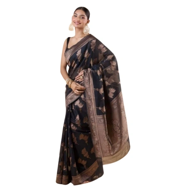 Generic Women's Silk Printed Saree With Unstitched Blouse 5.5Mtr (Black) - Black
