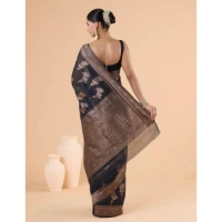 Generic Women's Silk Printed Saree With Unstitched Blouse 5.5Mtr (Black) - Black