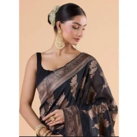 Generic Women's Silk Printed Saree With Unstitched Blouse 5.5Mtr (Black) - Black