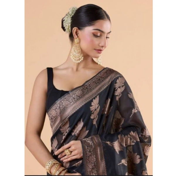 Generic Women's Silk Printed Saree With Unstitched Blouse 5.5Mtr (Black) - Black