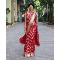 Generic Women's Silk Printed Saree With Unstitched Blouse 5.5Mtr (White) - White