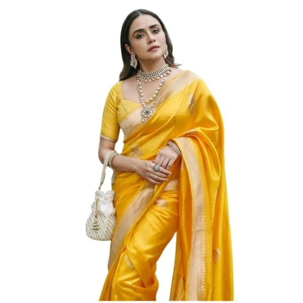 Generic Women's Silk Printed Saree With Unstitched Blouse 5.5Mtr (Yellow) - Yellow