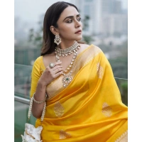 Generic Women's Silk Printed Saree With Unstitched Blouse 5.5Mtr (Yellow) - Yellow