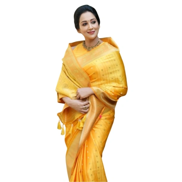 Generic Women's Silk Printed Saree With Unstitched Blouse 5.5Mtr (Yellow) - Yellow
