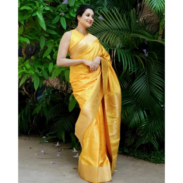 Generic Women's Silk Printed Saree With Unstitched Blouse 5.5Mtr (Yellow) - Yellow
