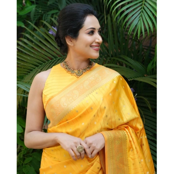Generic Women's Silk Printed Saree With Unstitched Blouse 5.5Mtr (Yellow) - Yellow