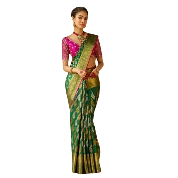 Generic Women's Silk Printed Saree With Unstitched Blouse 5.5Mtr (Green) - Green