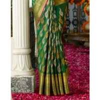 Generic Women's Silk Printed Saree With Unstitched Blouse 5.5Mtr (Green) - Green