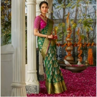Generic Women's Silk Printed Saree With Unstitched Blouse 5.5Mtr (Green) - Green