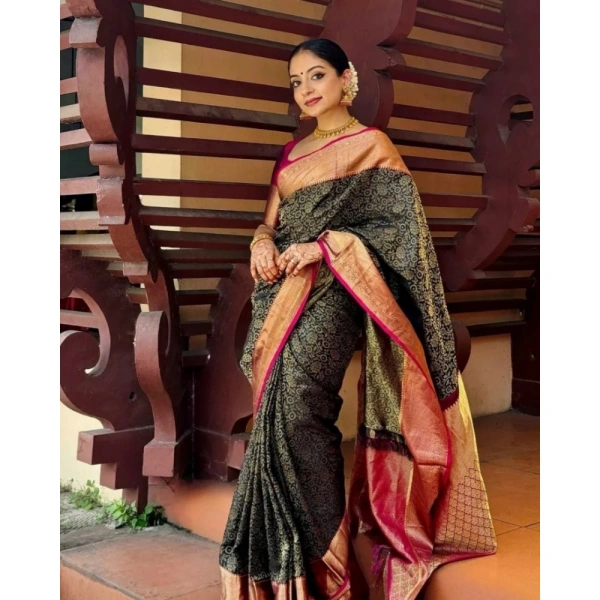 Generic Women's Silk Printed Saree With Unstitched Blouse 5.5Mtr (Green) - Green